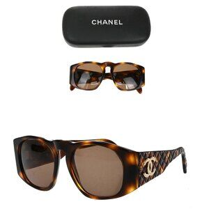 CHANEL CC Matelasse Sunglasses Eye Wear Plastic Brown GHW 01450 Italy 60RF649